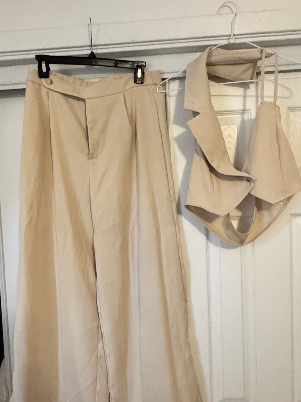 SHEIN Beige Wide-Leg Pants with Draped Crop Top Set